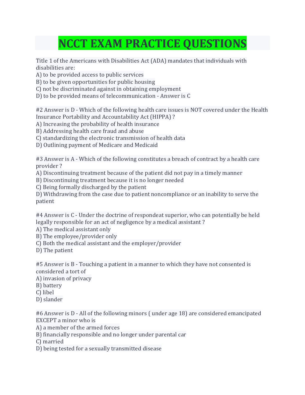 Preview image for NCCT EXAM PRACTICE QUESTIONS AND ANSWERS